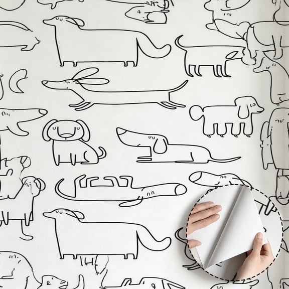 Cute Sketch Doodle Dog Wallpaper Quirky Minimalist Aesthetic Funky, Peel and Stick Wallpaper Contact Paper Waterproof Removable Wall Decor for Living Room Dorm Room Kitchen Cabinet 17.7 * 118 in