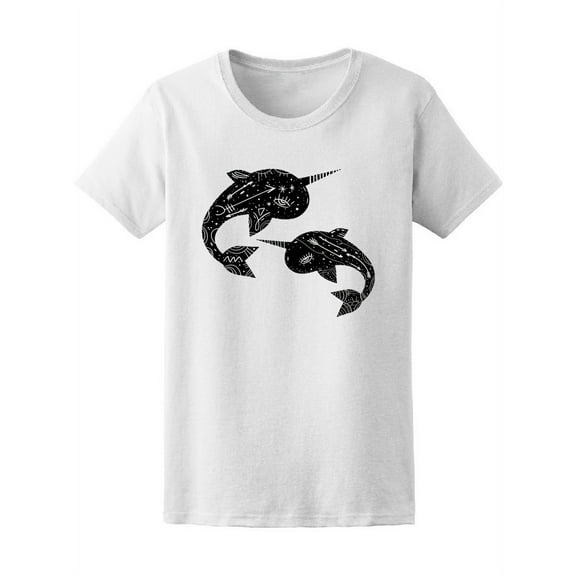 Cute Sketch Narwhals T-Shirt Women -Image by Shutterstock, Female Large