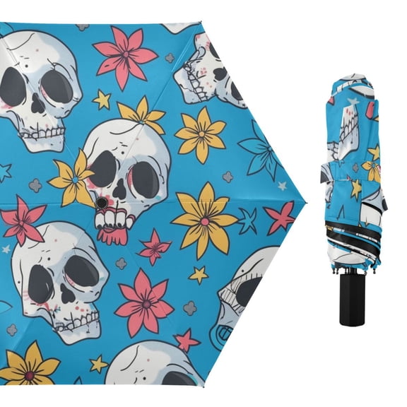 Cute Skull Colorful Flowers All Weather Umbrella Triple Folding Parasol 6 Ribs UV Protection Portable