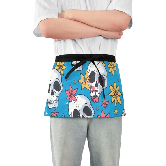 Cute Skull Colorful Flowers Short Server Apron with 3 Pockets for Unisex Chef Gardening