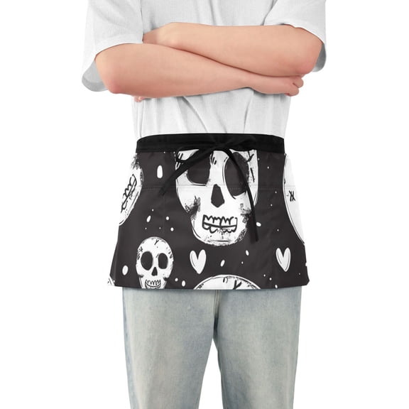 Cute Skull Doddle Hearts Short Server Apron with 3 Pockets for Unisex Chef Gardening
