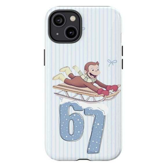 Cute Sledding Curious Monkey Phone Case with 67 Number, Shockproof Protective Cover for iPhone 17 16 15 14 13 12 11 Plus Pro Max Mini