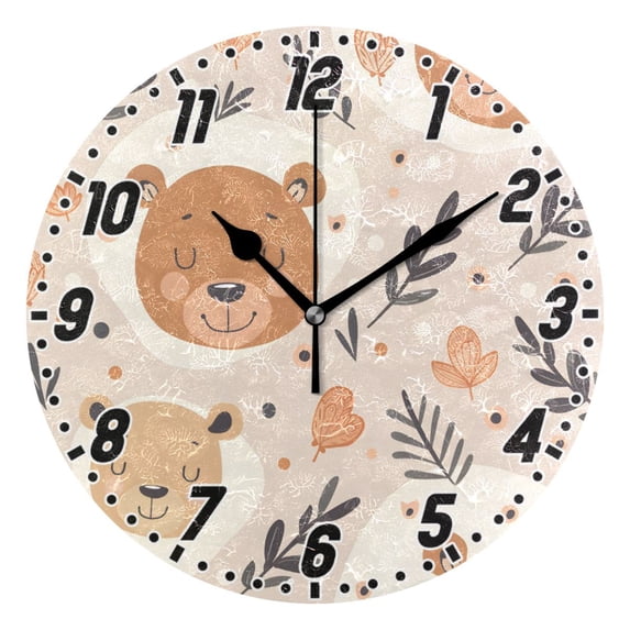 Cute Sleep Bear and Leaf Round Wall Clock Battery Operated Silent Non-Ticking Bedroom Office Kitchen Home School Decor 10"(Black)