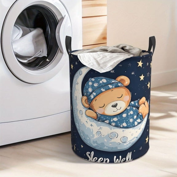 Cute Sleeping Bear on Moon Print Laundry Hamper Portable Storage Hamper with Sturdy Handle, Oxford Cloth, Easy to Store and Collapsible Design, Laundry Baskets