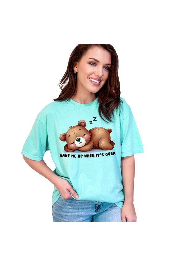 Cute Sleeping Bear T-Shirt, Wake Me Up When It's Over Graphic Tee, Adorable Cartoon Bear Print, Funny Sleepy Bear Shirt, Cute Cozy Sleep, Chalky Mint Comfort Colors T-Shirt, Medium
