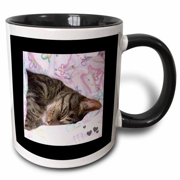 3drose, Cute Sleeping Black Brown Tabby Cat Photo, 15oz Two-tone Black Mug