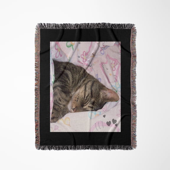 Cute Sleeping Black Brown Tabby Cat Photo, Woven Blanket