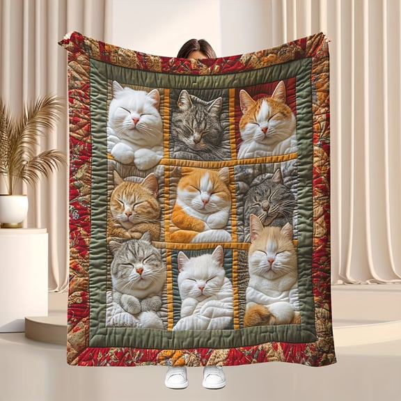 A Cute Sleeping Cat Blanket – a Soft Blanket Featuring Cat Collages. It'S The Perfect Choice for Cat Lovers, Cozy Naps, And Quirky Home Decor, Making It an Excellent Gift for Cat Enthusiasts.