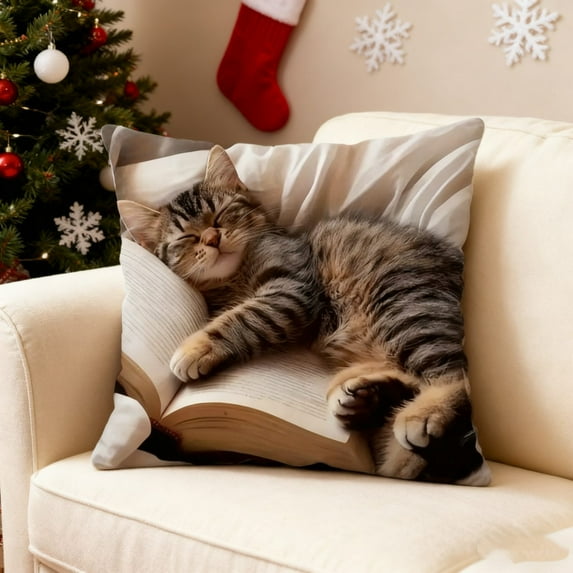Cute Sleeping Cat & Book Print Pillowcase - 18x18 Inch Short Pile Polyester Cushion Cover, Soft Multicolor Sofa Pillowcase for Living Room, Bedroom Bed Decor