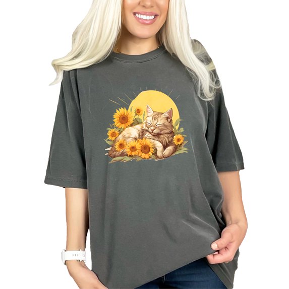 Cute Sleeping Cat with Sunflowers Tshirt, Cat Lover Gift Tee, Adorable Feline and Floral Design Shirt, Unique Cat Art Print Tee, Pepper Comfort Colors T-Shirt, Medium