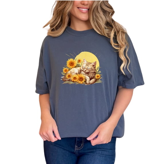 Cute Sleeping Cat with Sunflowers Tshirt, Cat Lover Gift Tee, Adorable Feline and Floral Design Shirt, Unique Cat Art Print Tee, Denim Comfort Colors T-Shirt, Small