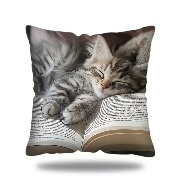 Cute Sleeping Cat & k Pillowcase - 18x18 Inch Polyester Short Pile Cushion Cover, Decorative Throw Pillow for Sofa Bedroom Home Decor (No Insert)