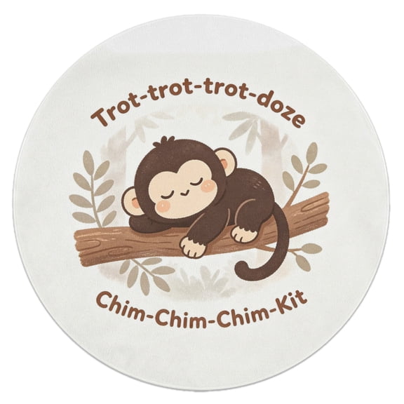 Cute Sleeping Chimpanzee Monkey Round Area Rug, Non‑Slip Soft Sponge Kids Play Mat, Trot‑trot‑trot‑doze Chim‑Chim‑Chim‑Kit Circular Floor Carpet for Nursery Bedroom Playroom Living Room