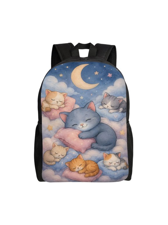 Cute Sleeping Kitty Cat Backpack Full Front Print Travel Laptop Bag for Men and Women