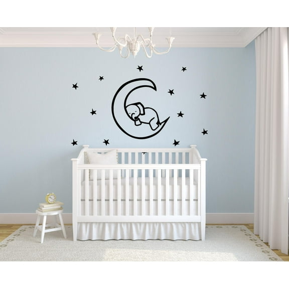 Cute Sleeping on Moon Elephant Cartoon Animal Wall Sticker Art Decal for Girls Boys Kids Room Bedroom Nursery Kindergarten House Fun Home Decor Stickers Wall Art Vinyl Decoration Size (27x30 inch)