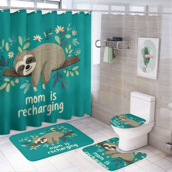 Cute Sleeping Sloth on Branch Shower Curtain 4 Piece Set with Non-Slip Rugs Toilet Lid Cover And Bath Mat Bathroom Decor Set Mothers Day Waterproof Durable Bathroom Decor Shower Set