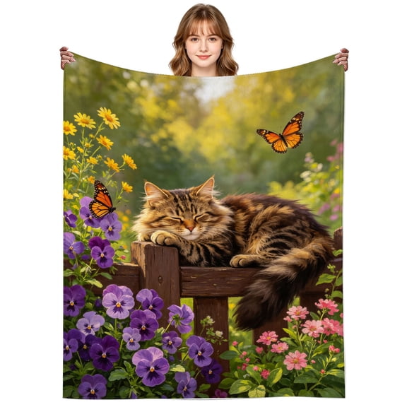 Cute Sleeping Tabby Cat Blanket Gifts for Women Men Adults Cat Lovers,Warm Cozy Colorful Wildflowers Butterfly Cats Throw Blankets for Travel Picnic Couch Decor 50x40 Inch