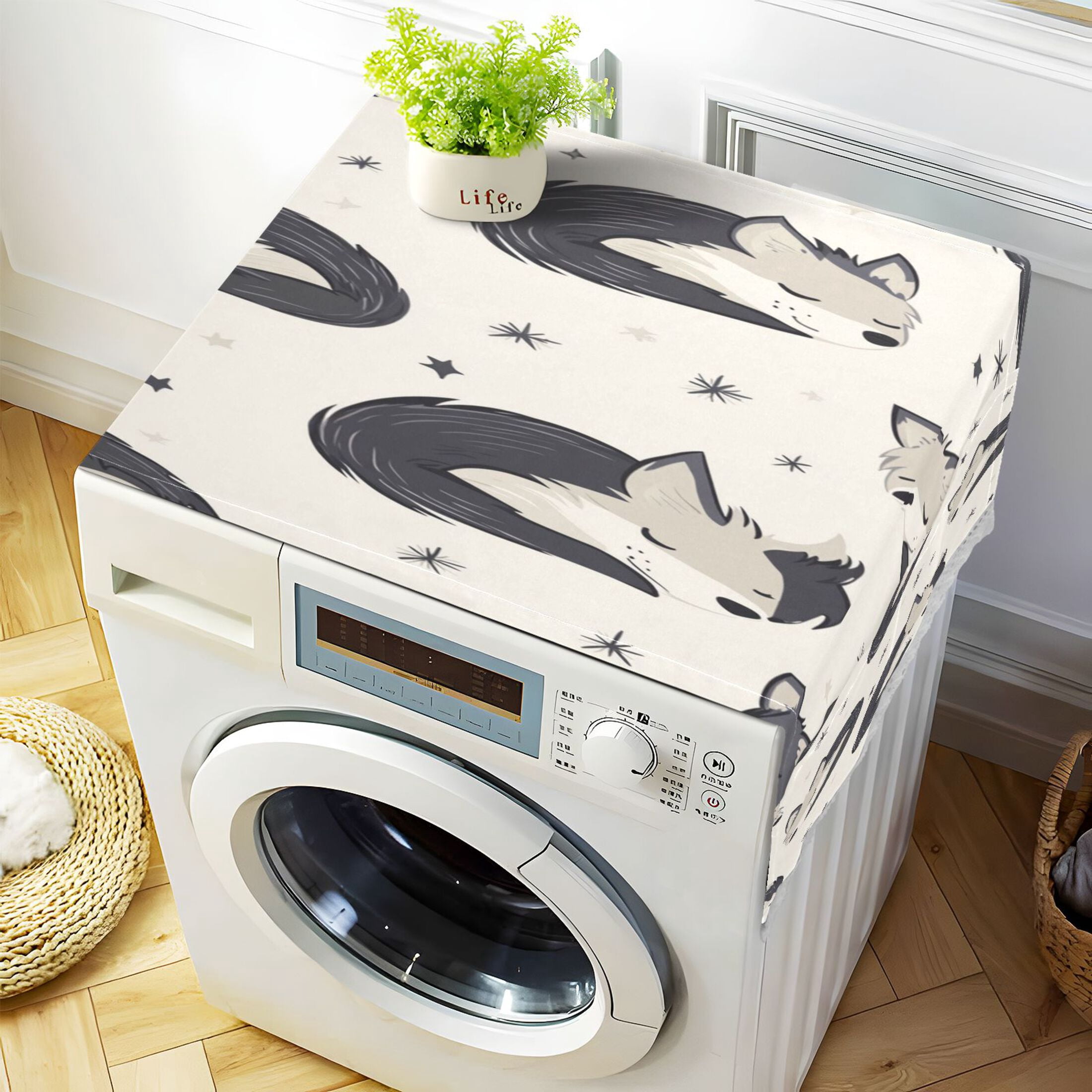 Cute Sleeping WolfWasher and Dryer Covers Dust-Proof and Oil Resistant Fridge Cover with 4 Storage Pockets Washing Machine Top Cover for Laundry Kitchen Home 51.2 x 22 In