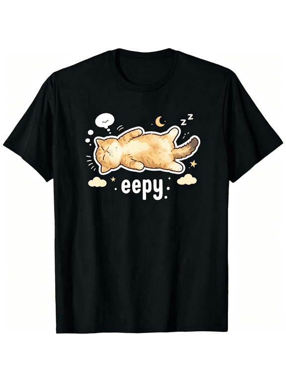 Cute Sleepy Cat Graphic T Shirt for Men Women, Kawaii Napping Orange Kitty Moon Stars Cloud Zzz Meme Print Breathable Lightweight Everyday Basic Top