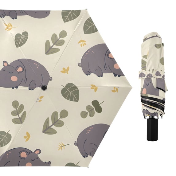 Cute Sleepy Hippo Compact Sun Umbrella Windproof Travel Umbrellas for Rain Strong Portable UV Protection