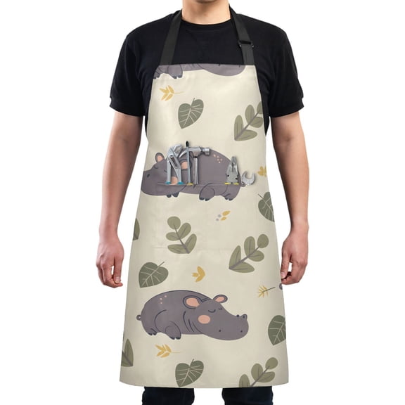 Cute Sleepy Hippo Kitchen Apron with 2 Pockets Adjustable waterproof Cooking Aprons for Women Men Chef