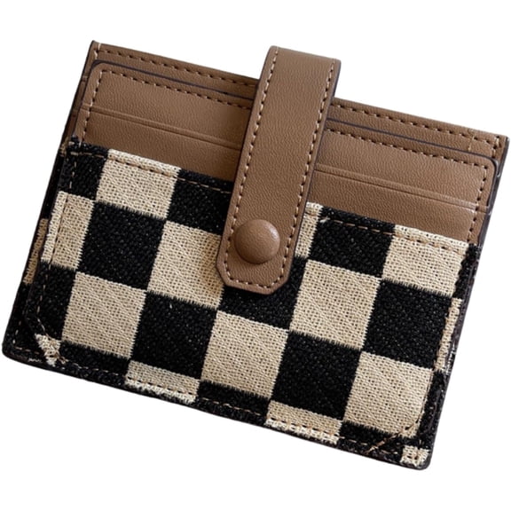 Cute Slim Card Holder Canvas Front Pocket Checkered Wallet, Small Credit Card Case for Women (Brown)