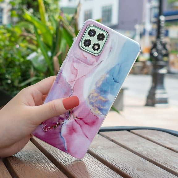 Cute Slim Case for Samsung Galaxy A22 5G (6.6 Inch), IMD Technology Marble Pattern Shockproof Phone Cover for Samsung Galaxy A22 5G,Pink and Blue
