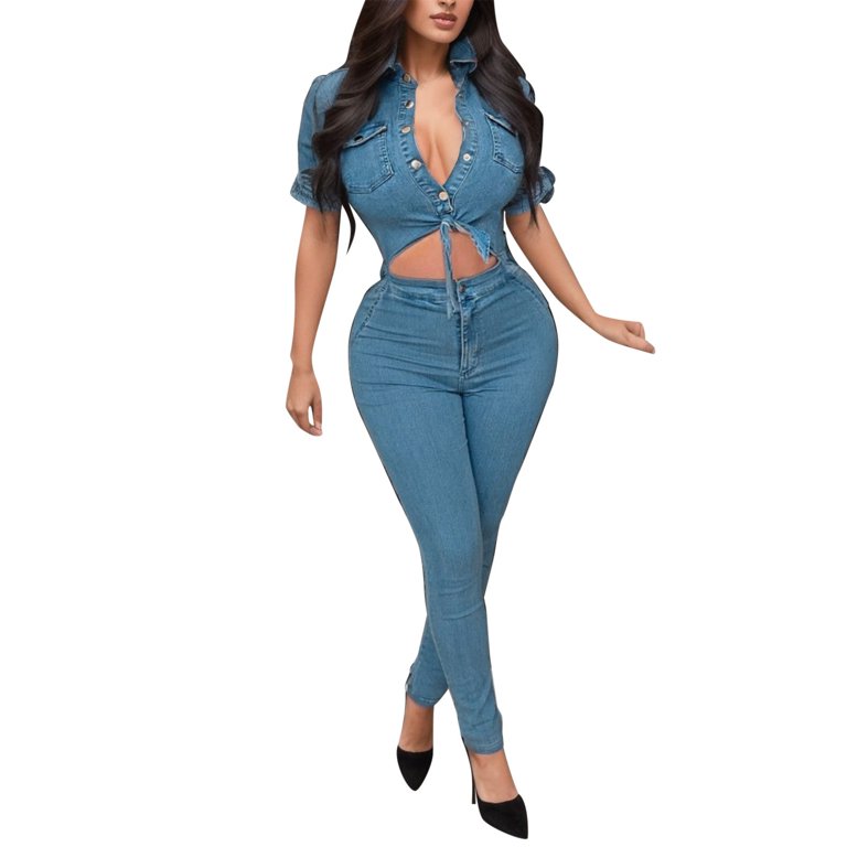 Cute Slim Fashion Body Work Suit Short Sleeve Denim Pageant