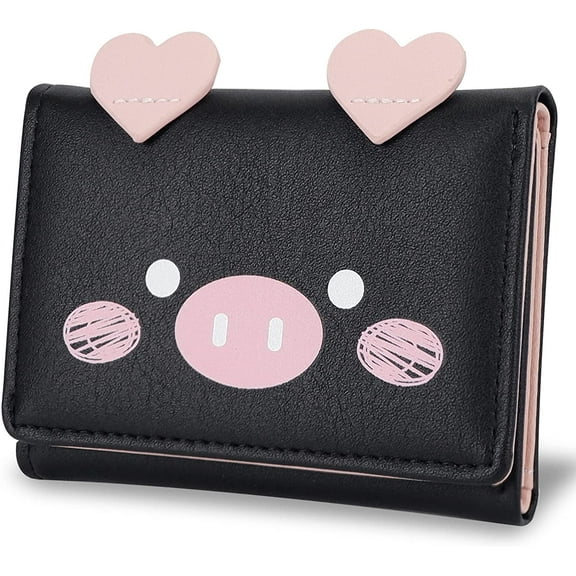 Cute Slim Womens Leather Wallet,Small Trifold Wallets for Girls and Ladies with ID Window - Pig (black)