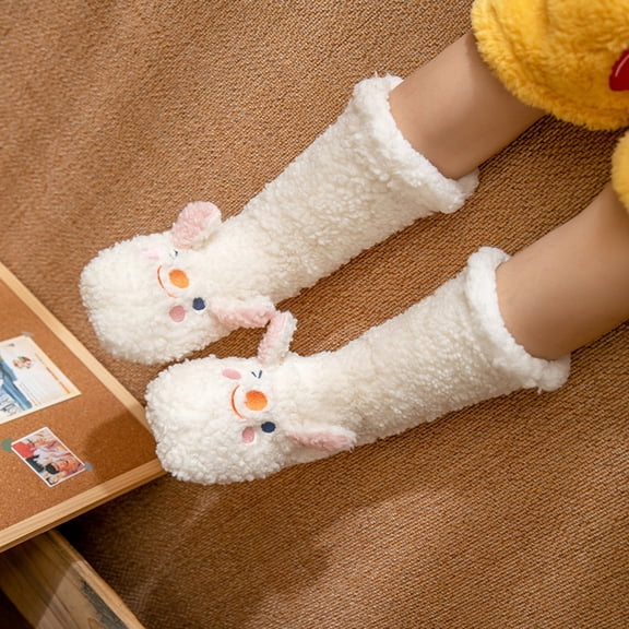 Cute Slipper Socks Fuzzy Cartoon Animal Fleece Lined Warm Thick Winter Indoor Cozy Sleeping Lounge Floor Socks Beige Free