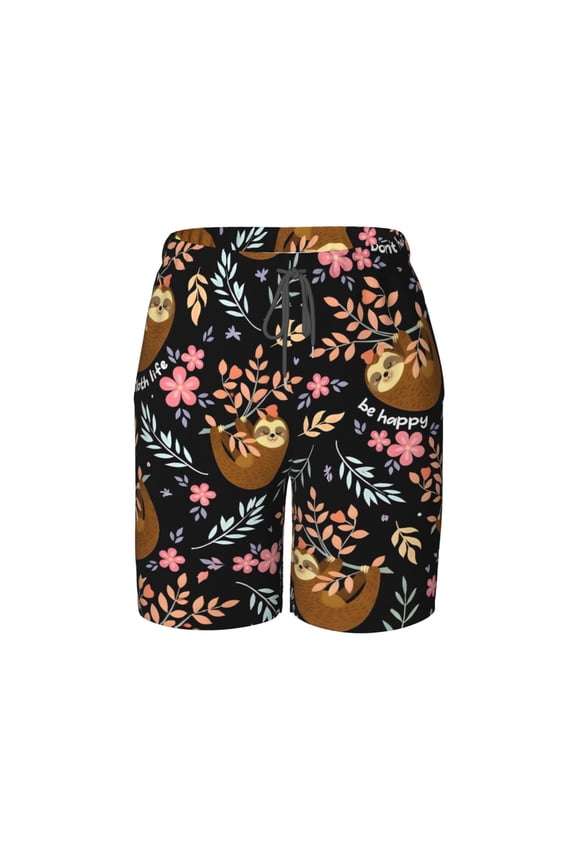 Cute Sloth Adorable Floral Leaf Beach Pants Lightweight and Quick-Drying Teen Shorts with Mesh Lining and Drawstring