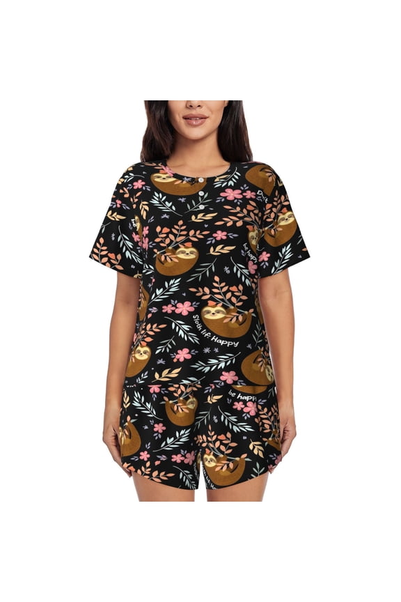 Cute Sloth Adorable Floral Leaf Women’S Short-Sleeved Pyjama Set Round-Neck Loungewear for Indoor and Outdoor