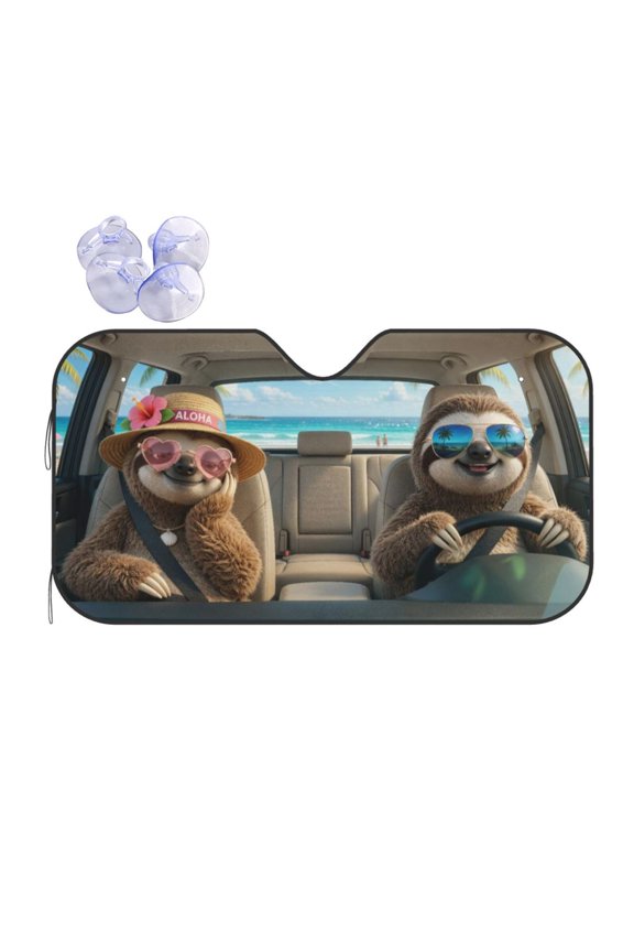 Cute Sloth Beach Vacation Car Sun Shade, Funny Sloths Driving with Heart Sunglasses & Aloha Hat, Front Window UV Protection Heat Shield, Foldable for SUV Truck Sedan
