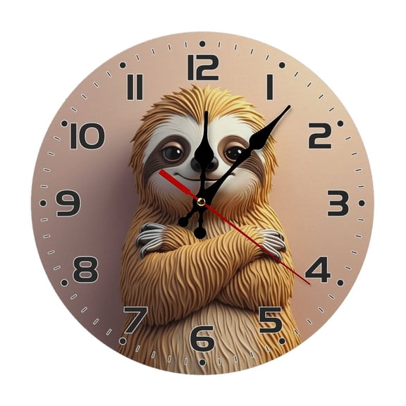 Cute Sloth Cartoon Wall Clock 10 Inch Silent Non Ticking Round Wooden Clock Decoration for Living Room Kitchen Bedroom Bathroom Office Classroom