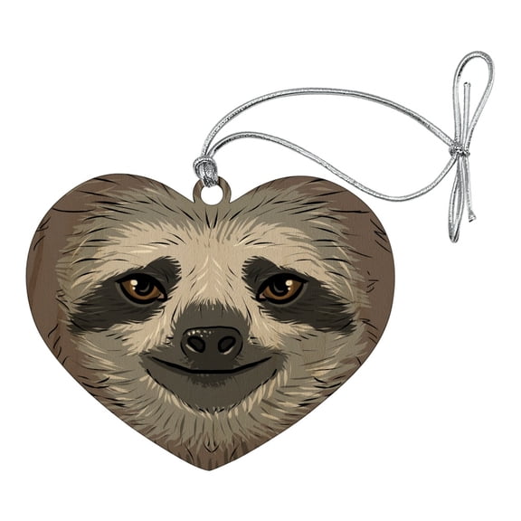Cute Sloth Face Heart Love Wood Christmas Tree Holiday Ornament