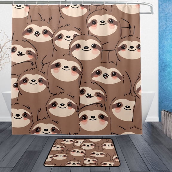 Cute Sloth Face Pattern Bathroom Accessory Sets Waterproof Shower Curtain with Absorbent Non-Slip Rug