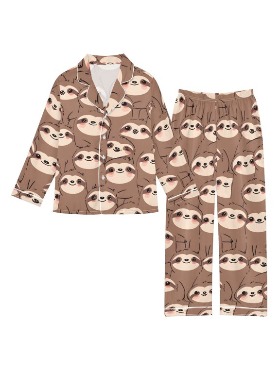 Cute Sloth Face Pattern Satin Pajama Set Soft Breathable Button Down 2 Piece Pjs Sleepwear Lounge Daily X-Large