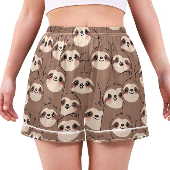 Cute Sloth Face Pattern Women's Pajama Shorts Silky Satin Casual Lounge Sleep Zero Pressure