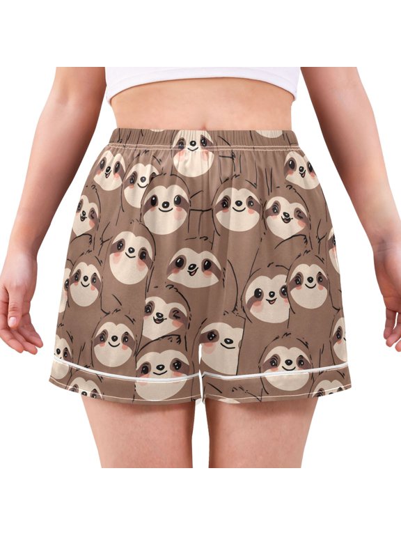 Cute Sloth Face Pattern Women's Pajama Shorts Silky Satin Casual Lounge Sleep Zero Pressure