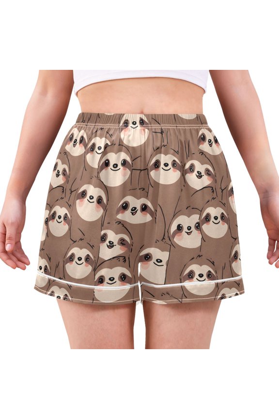 Cute Sloth Face Pattern Women's Pajama Shorts Silky Satin Casual Lounge Sleep Zero Pressure