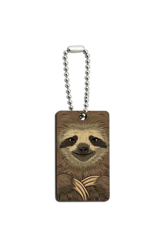 Cute Sloth Face Wood Wooden Rectangle Keychain Key Ring