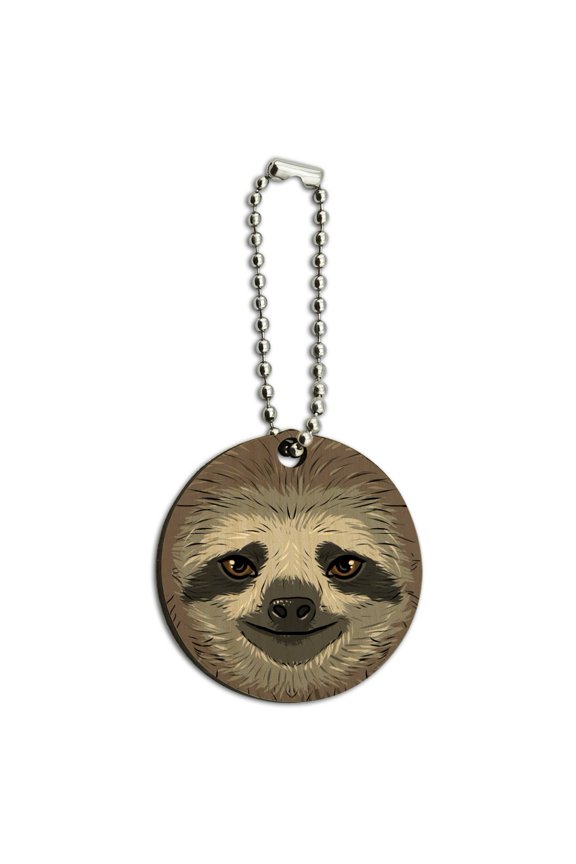 Cute Sloth Face Wood Wooden Round Keychain Key Chain Ring