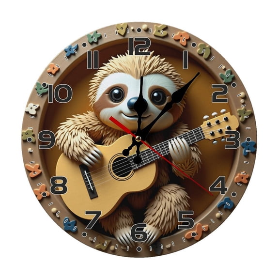 Cute Sloth Guitar Wall Clock 10 Inch Silent Non Ticking Round Wooden Clock Decoration for Living Room Kitchen Bedroom Bathroom Office Classroom