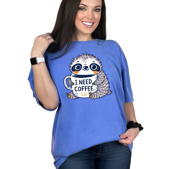 Cute Sloth I Need Coffee Funny T-Shirt, Funny Sloth Lover Gift Tee, Animal Coffee Mug Shirt, Adorable Sloth Quote T-Shirt, Flo Blue Comfort Colors T-Shirt, Large
