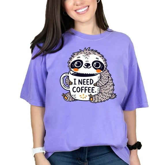 Cute Sloth I Need Coffee Funny T-Shirt, Funny Sloth Lover Gift Tee, Animal Coffee Mug Shirt, Adorable Sloth Quote T-Shirt, Violet Comfort Colors T-Shirt, Medium