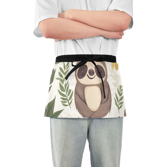 Cute Sloth Leaves Flowers Cartoon Short Server Apron with 3 Pockets for Unisex Chef Gardening