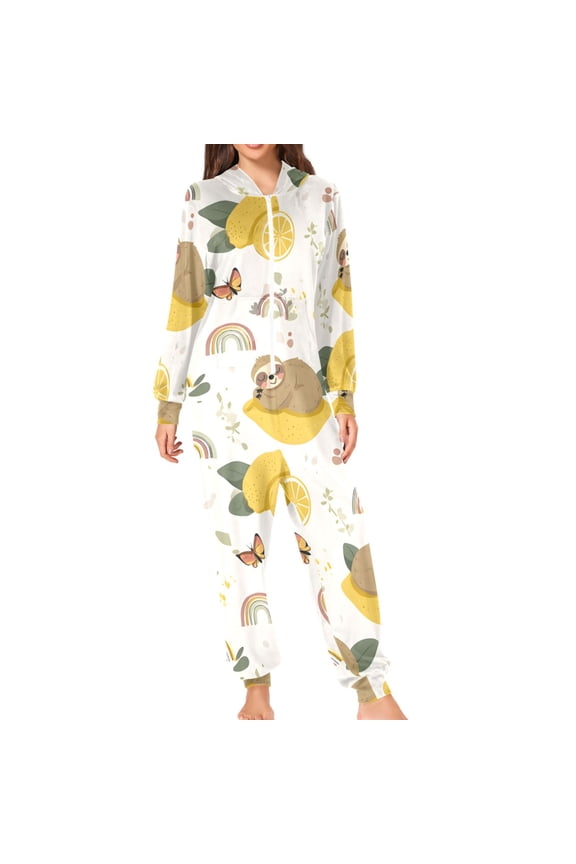 Cute Sloth Lemon Rainbow Butterflies Adult's Hoodie Onesie Jumpsuit One-Piece Pajamas with Zipper Unisex for Holiday M