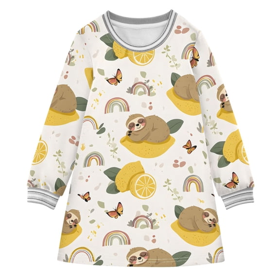 Cute Sloth Lemon Rainbow Butterflies Long-sleeved Dress A-line One-Piece Dress for 2-8 Years Casual Party 7-8Y
