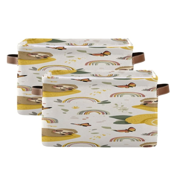 Cute Sloth Lemon Rainbow Butterflies Square Storage Bins with Handles Collapsible Containing Box 2 Packs