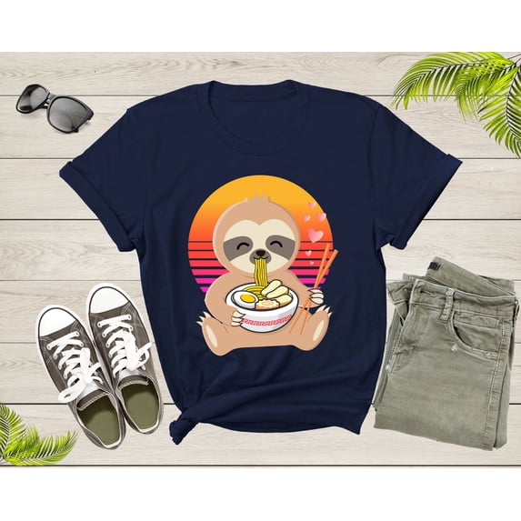 Cute Sloth Mascot Eating Japanese Ramen Noodle Retro Sunset T-Shirt Sloth Lover Gift T Shirt for Men Women Kids Boys Girls Graphic Tshirt